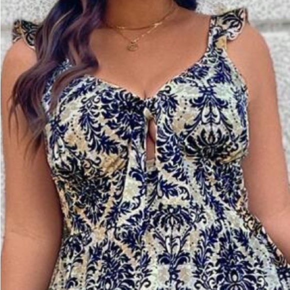 Boho Floral Paisley Print CUTOUT Front Tie Ruffle Print Tank Top Maxi Dress - Picture 5 of 6